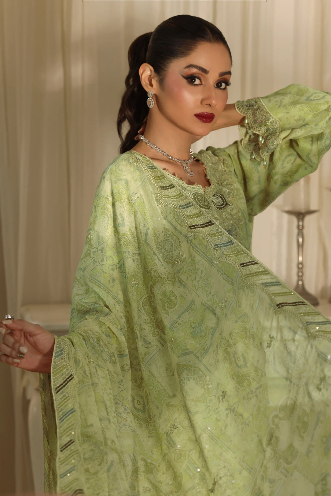 Noor Mahal Pistachio Green, Digital Printed Embroidered Chiffon 3-Piece