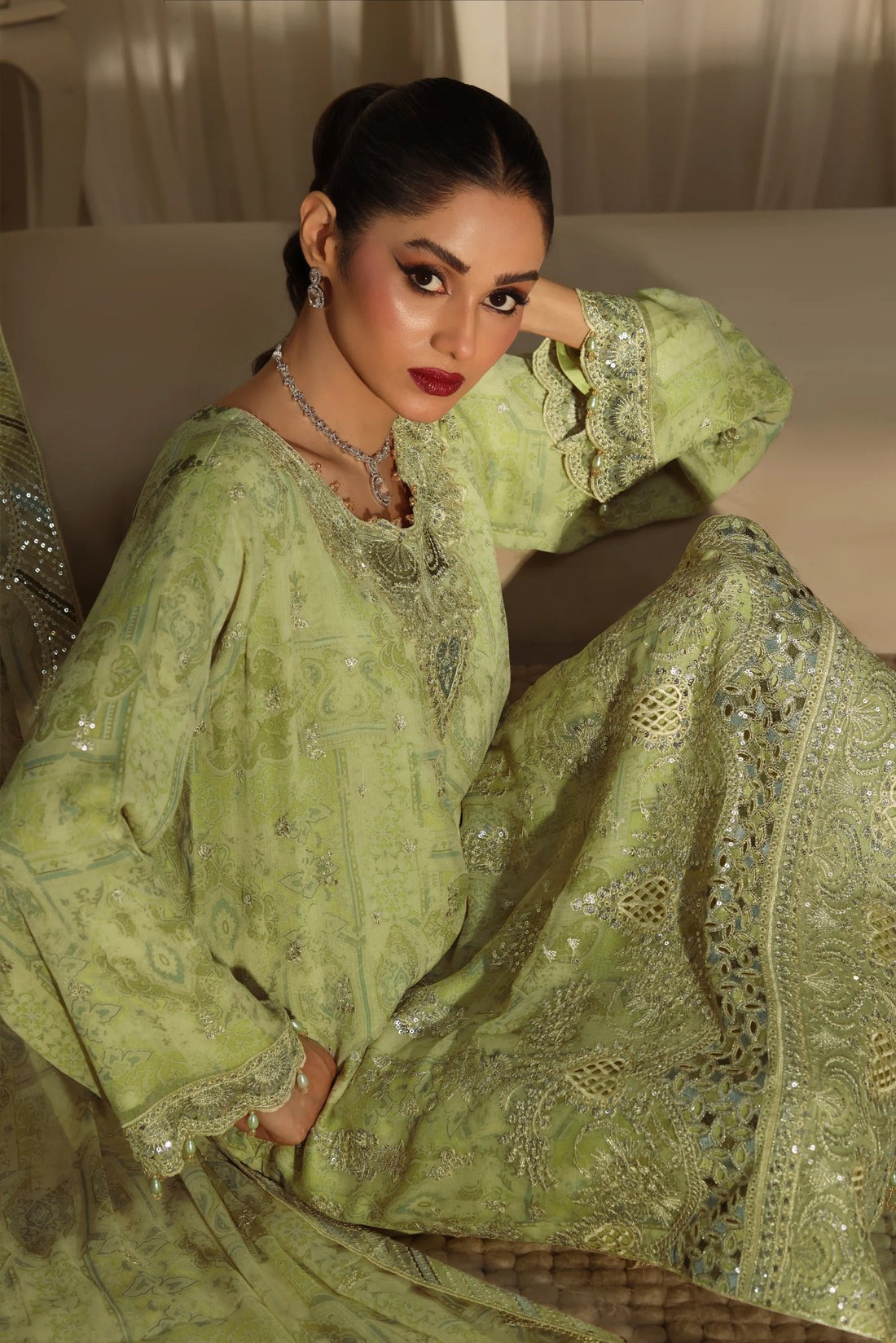 Noor Mahal Pistachio Green, Digital Printed Embroidered Chiffon 3-Piece