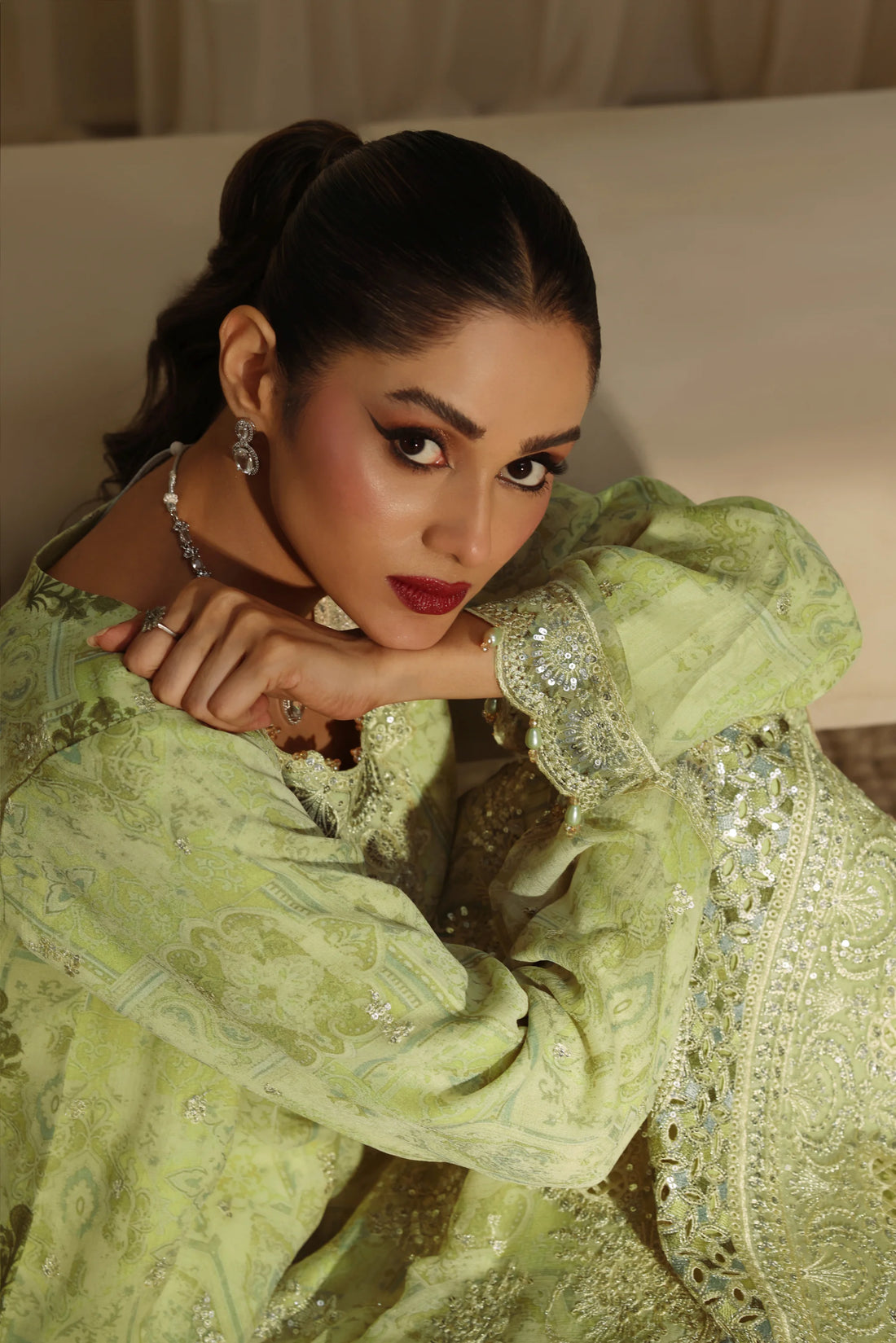 Noor Mahal Pistachio Green, Digital Printed Embroidered Chiffon 3-Piece