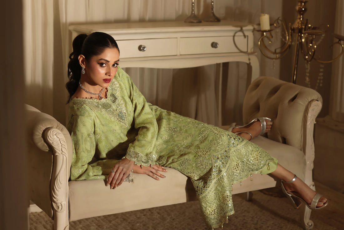 Noor Mahal Pistachio Green, Digital Printed Embroidered Chiffon 3-Piece