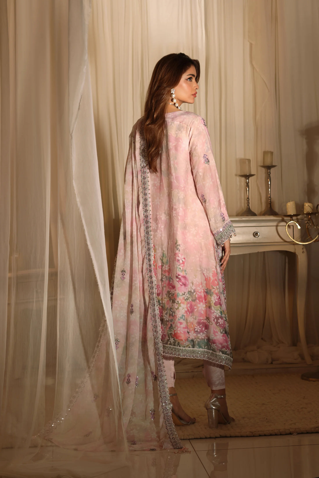 Noor Mahal Blush Pink, Digital Printed Embroidered Chiffon 3-Piece