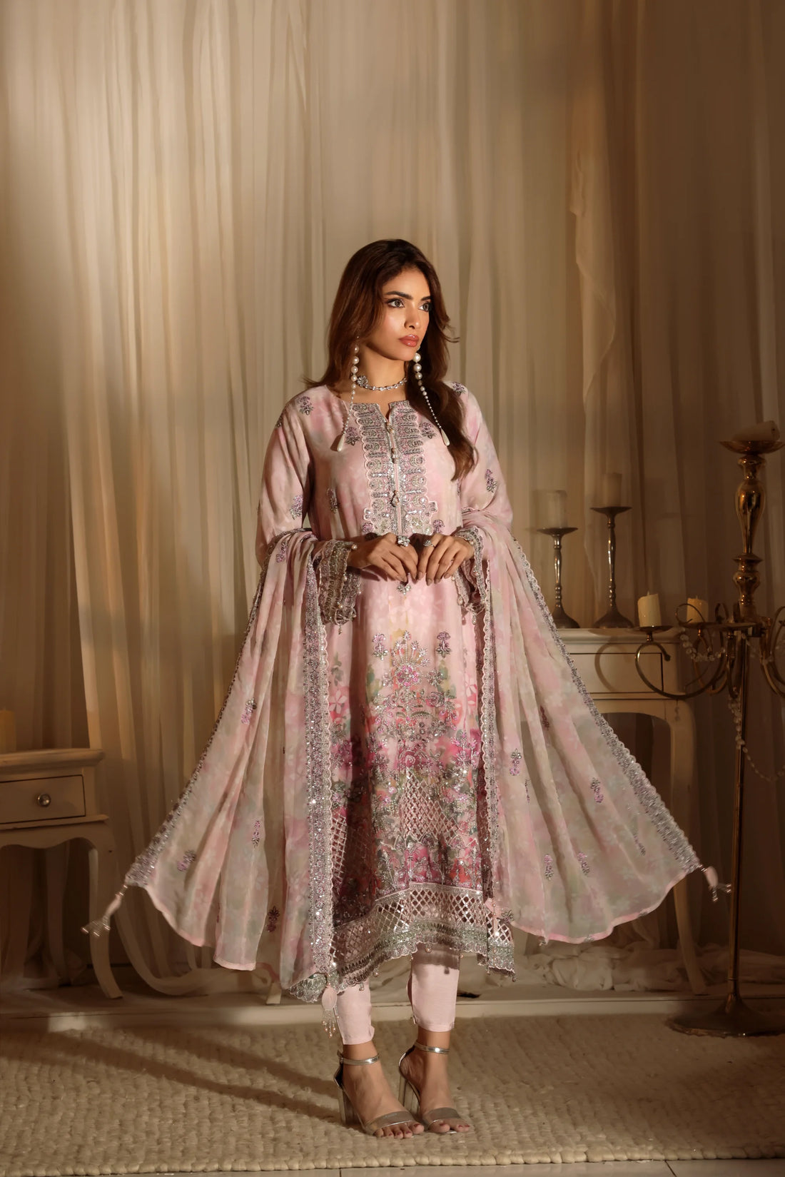 Noor Mahal Blush Pink, Digital Printed Embroidered Chiffon 3-Piece