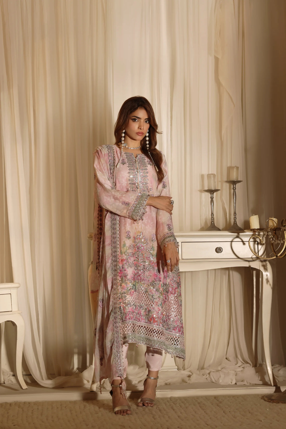 Noor Mahal Blush Pink, Digital Printed Embroidered Chiffon 3-Piece