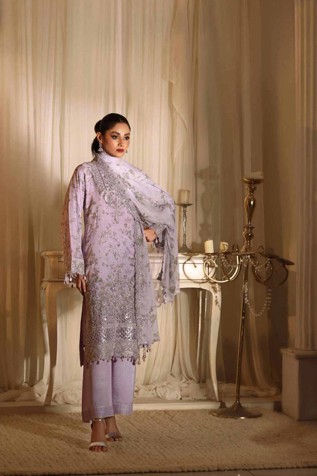 Noor Mahal Lavender Mist, Digital Printed Embroidered Chiffon 3-Piece