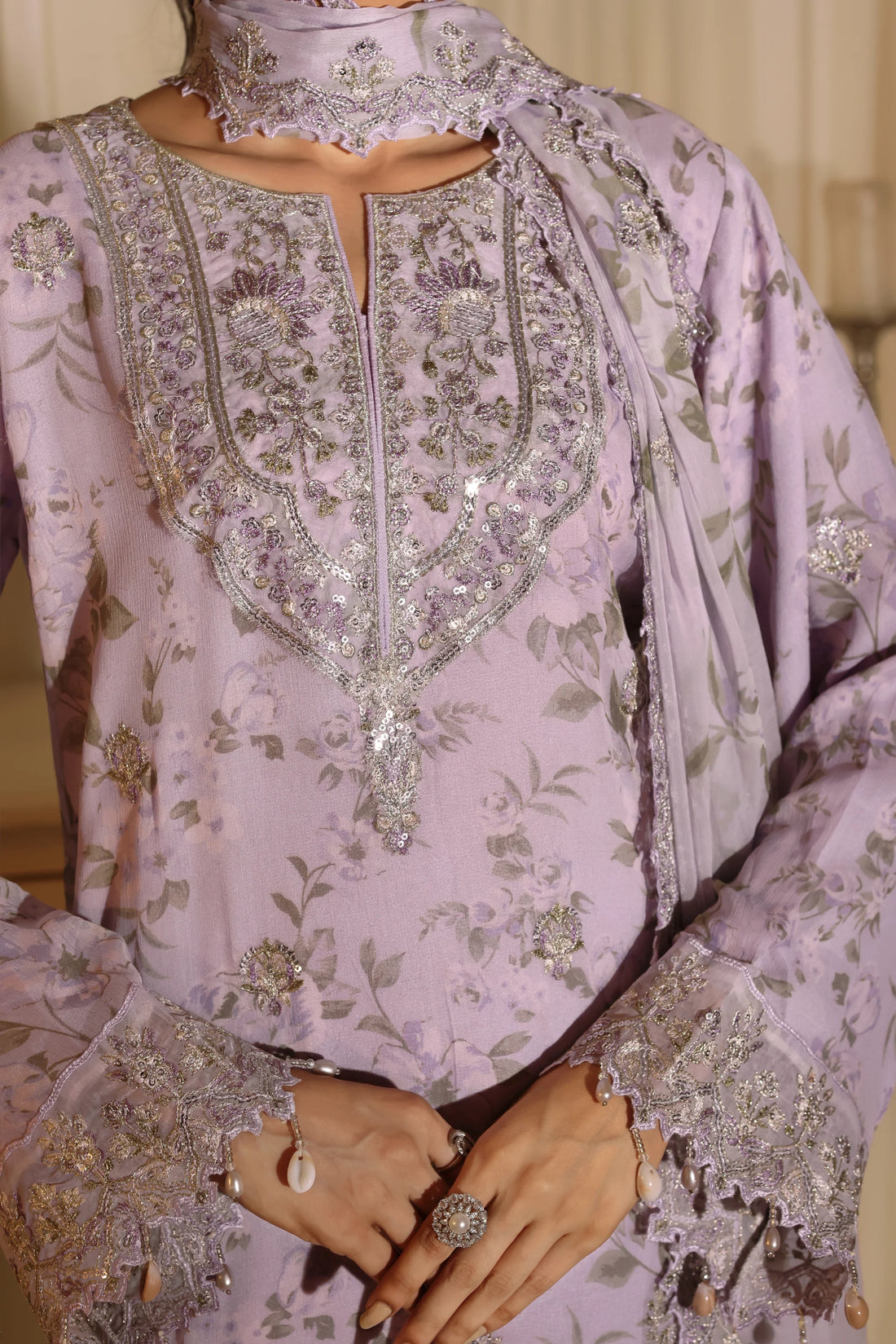 Noor Mahal Lavender Mist, Digital Printed Embroidered Chiffon 3-Piece