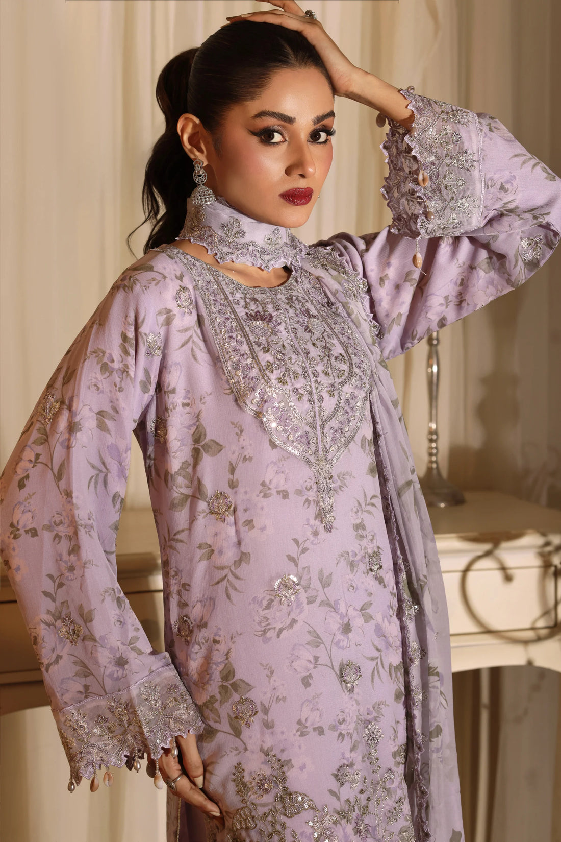 Noor Mahal Lavender Mist, Digital Printed Embroidered Chiffon 3-Piece