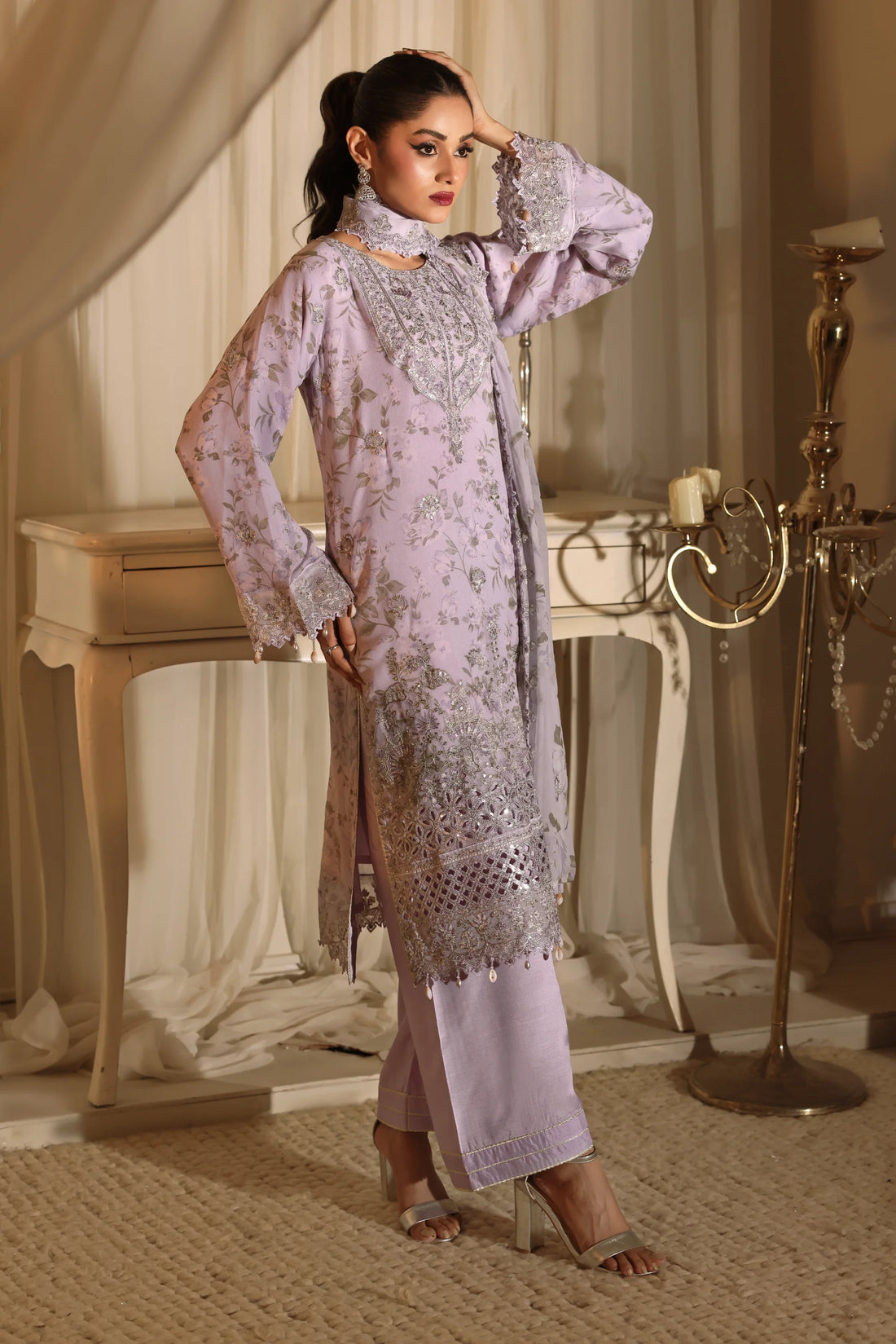 Noor Mahal Lavender Mist, Digital Printed Embroidered Chiffon 3-Piece