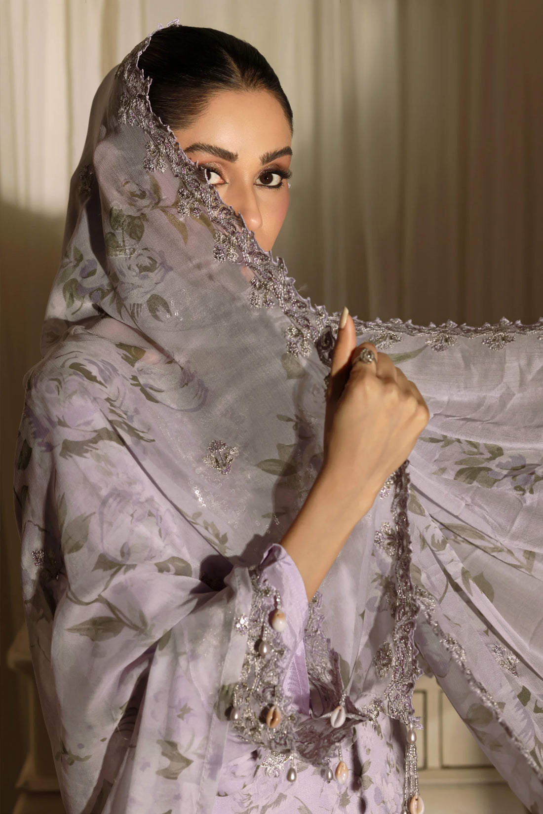 Noor Mahal Lavender Mist, Digital Printed Embroidered Chiffon 3-Piece