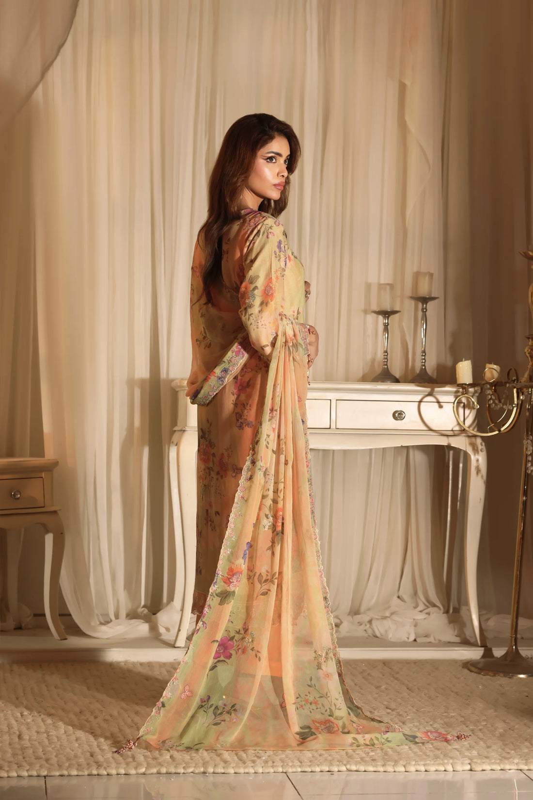 Noor Mahal Peach Blossom, Digital Printed Embroidered Chiffon 3-Piece