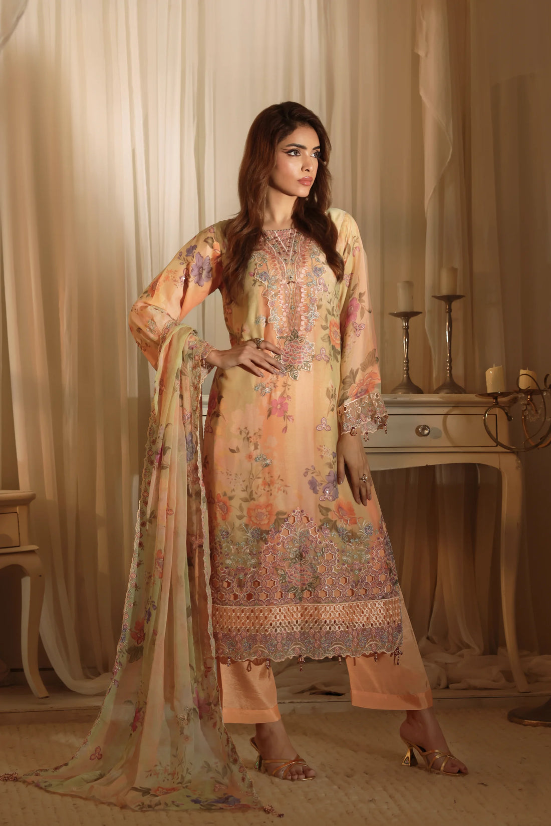 Noor Mahal Peach Blossom, Digital Printed Embroidered Chiffon 3-Piece