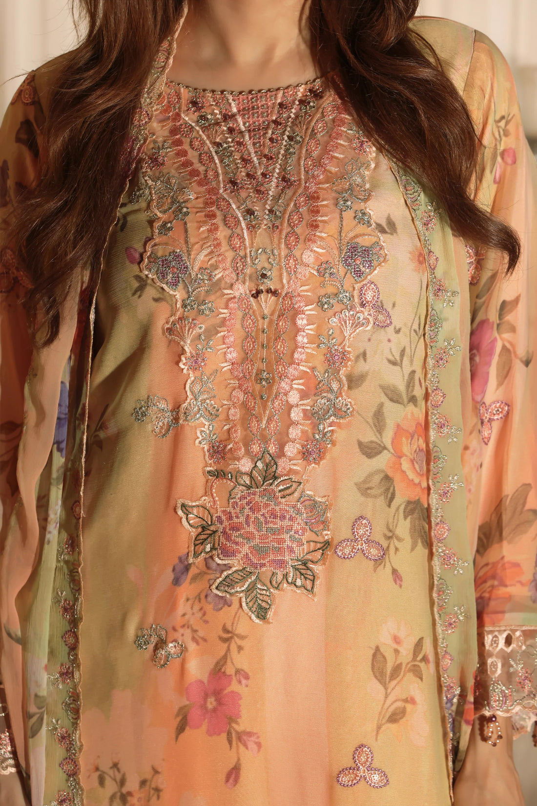 Noor Mahal Peach Blossom, Digital Printed Embroidered Chiffon 3-Piece