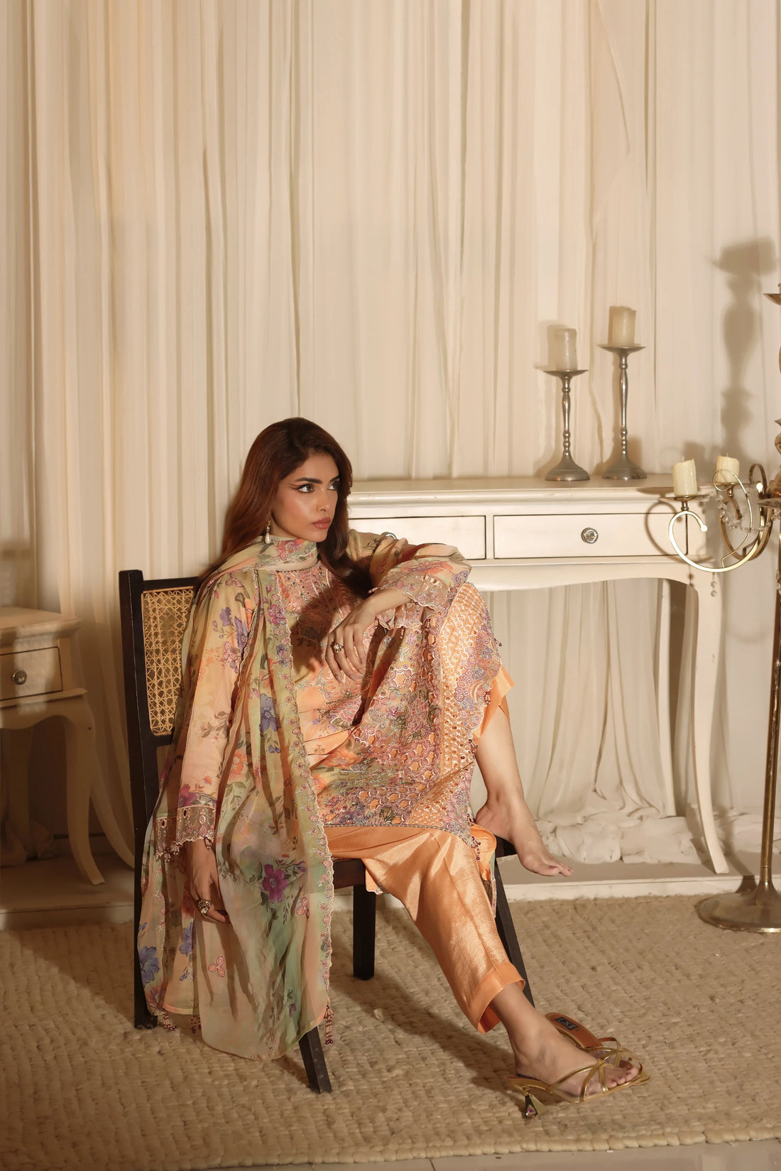 Noor Mahal Peach Blossom, Digital Printed Embroidered Chiffon 3-Piece