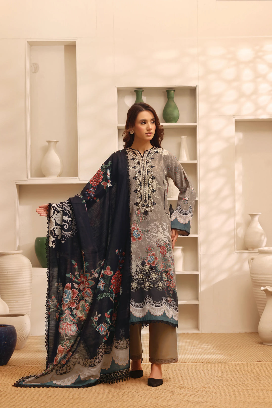 Muse Dhundh, Printed Khaddar Embroidered 3 Piece