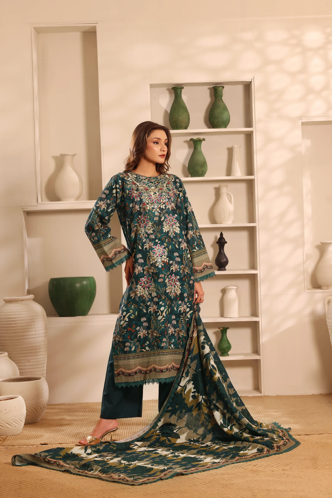 Muse Behraam, Printed Khaddar Embroidered 3 Piece