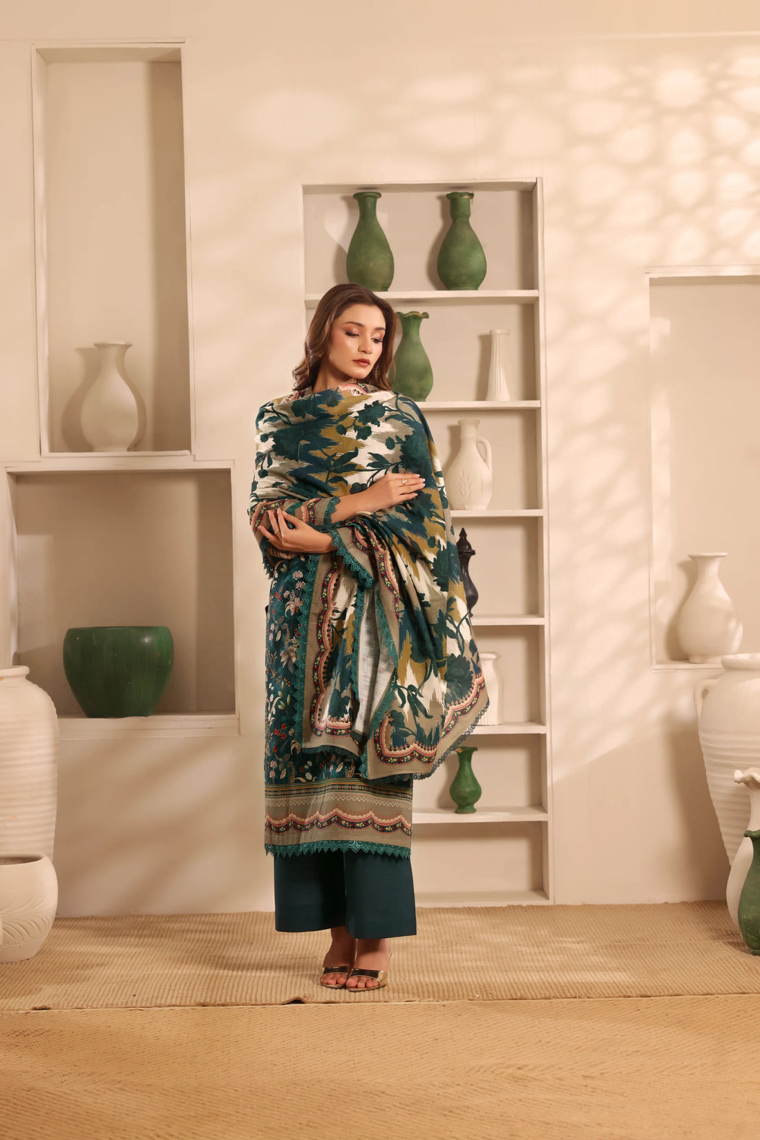 Muse Behraam, Printed Khaddar Embroidered 3 Piece
