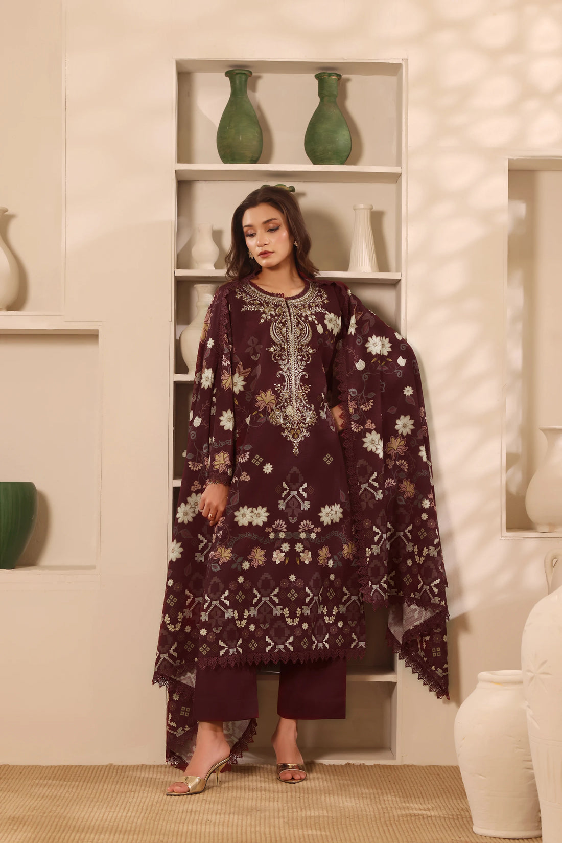Muse Mehroon, Printed Khaddar Embroidered 3 Piece