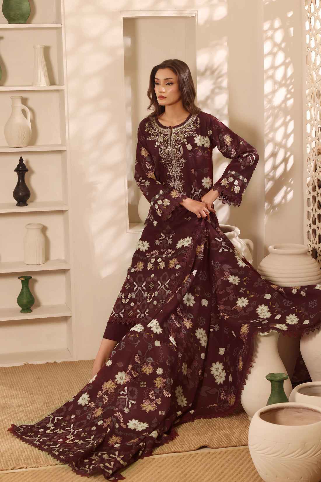 Muse Mehroon, Printed Khaddar Embroidered 3 Piece