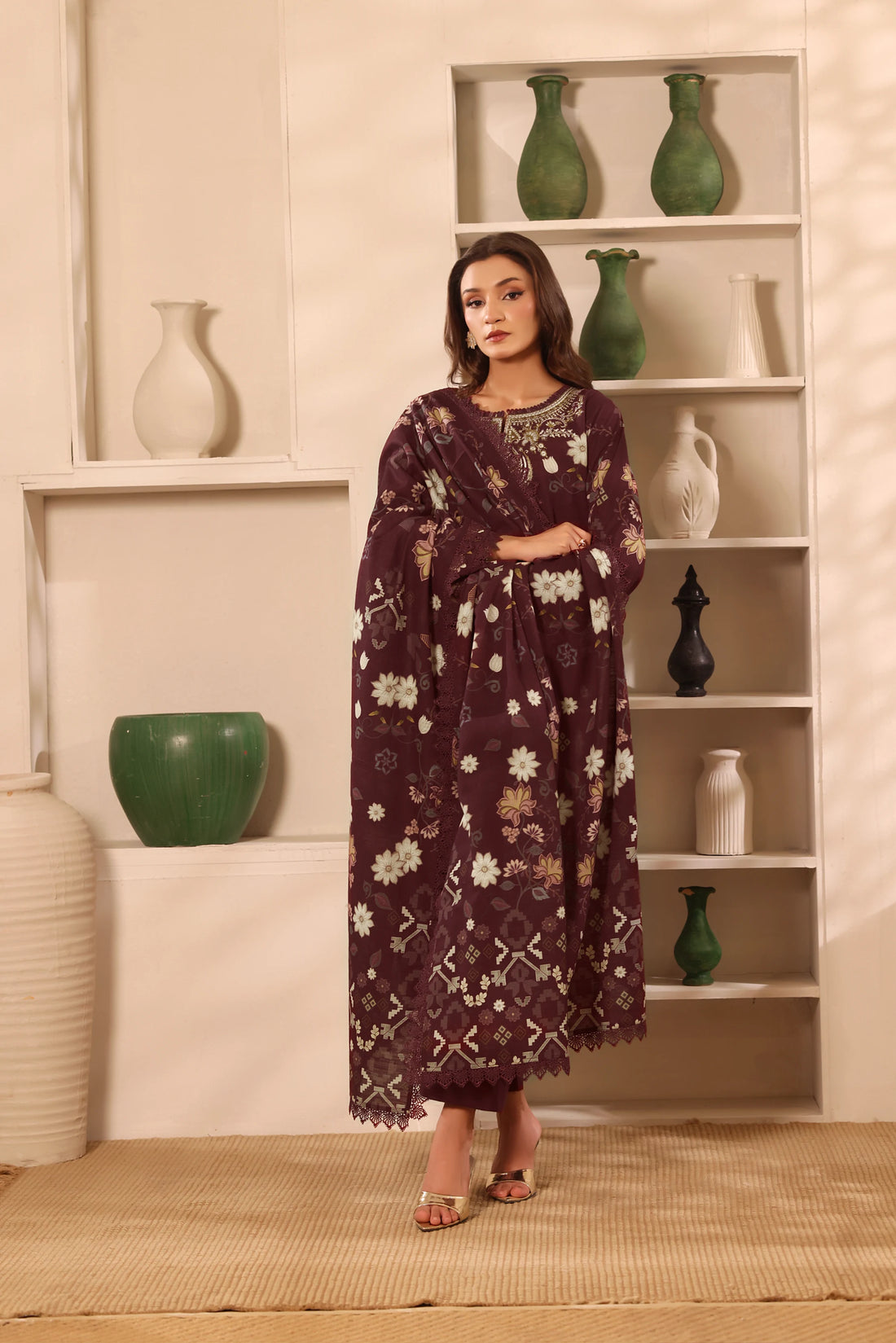 Muse Mehroon, Printed Khaddar Embroidered 3 Piece