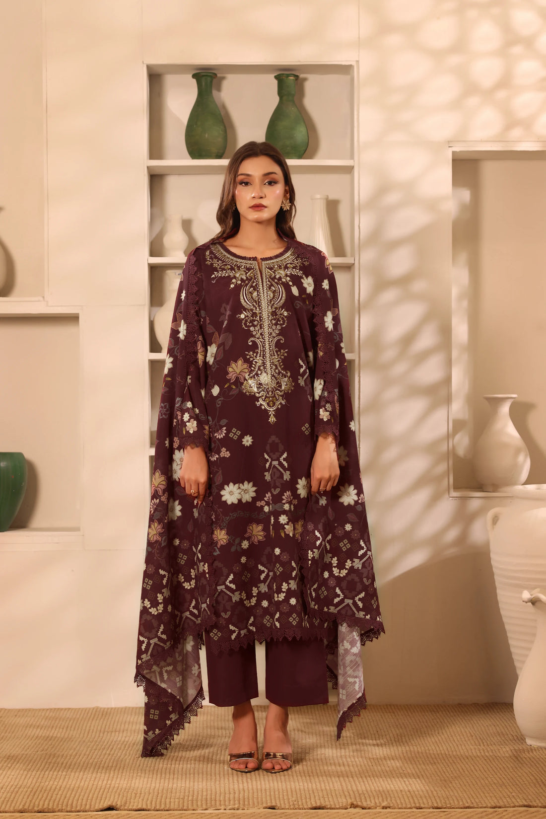 Muse Mehroon, Printed Khaddar Embroidered 3 Piece