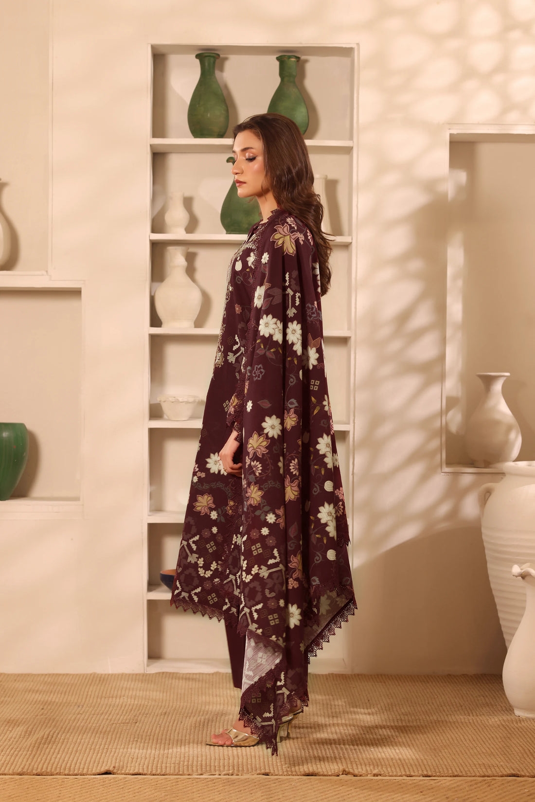 Muse Mehroon, Printed Khaddar Embroidered 3 Piece