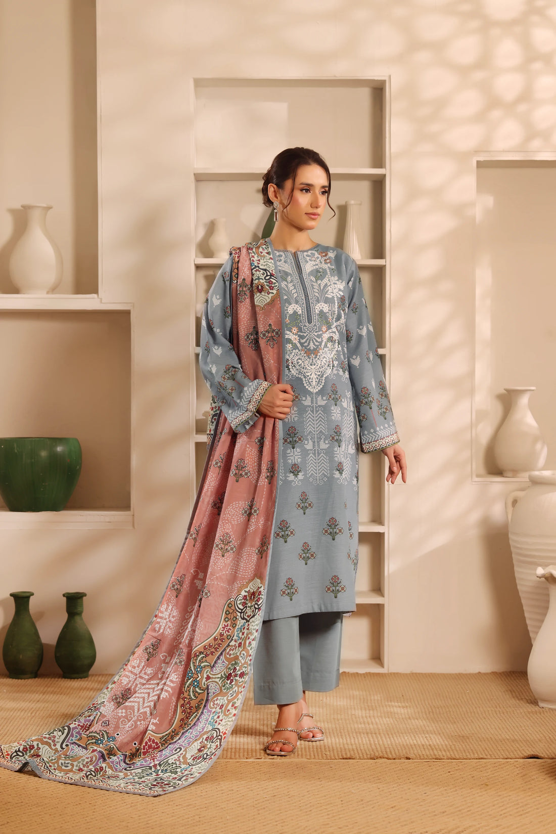 Muse Dhala, Printed Khaddar Embroidered 3 Piece