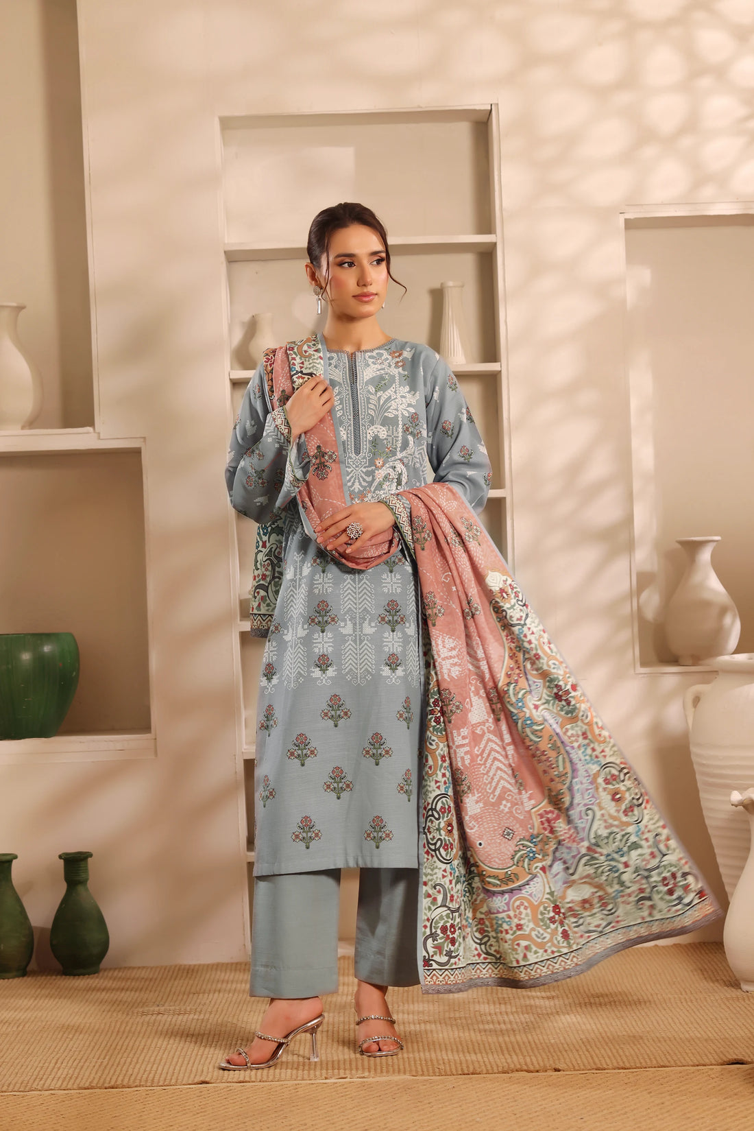 Muse Dhala, Printed Khaddar Embroidered 3 Piece
