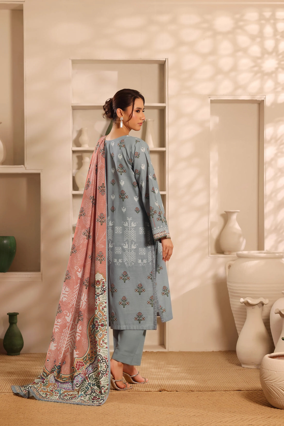 Muse Dhala, Printed Khaddar Embroidered 3 Piece
