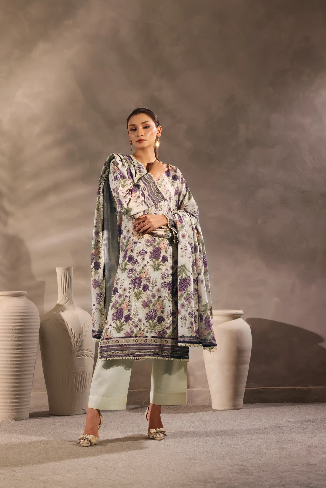 Muse Safeda, Printed Khaddar Embroidered 3 Piece