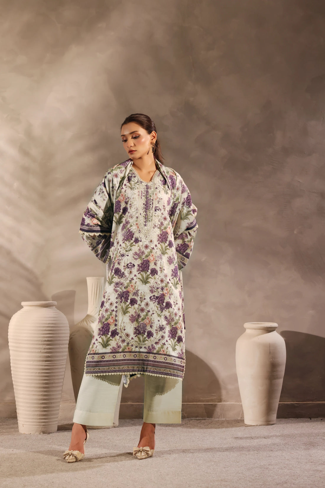 Muse Safeda, Printed Khaddar Embroidered 3 Piece