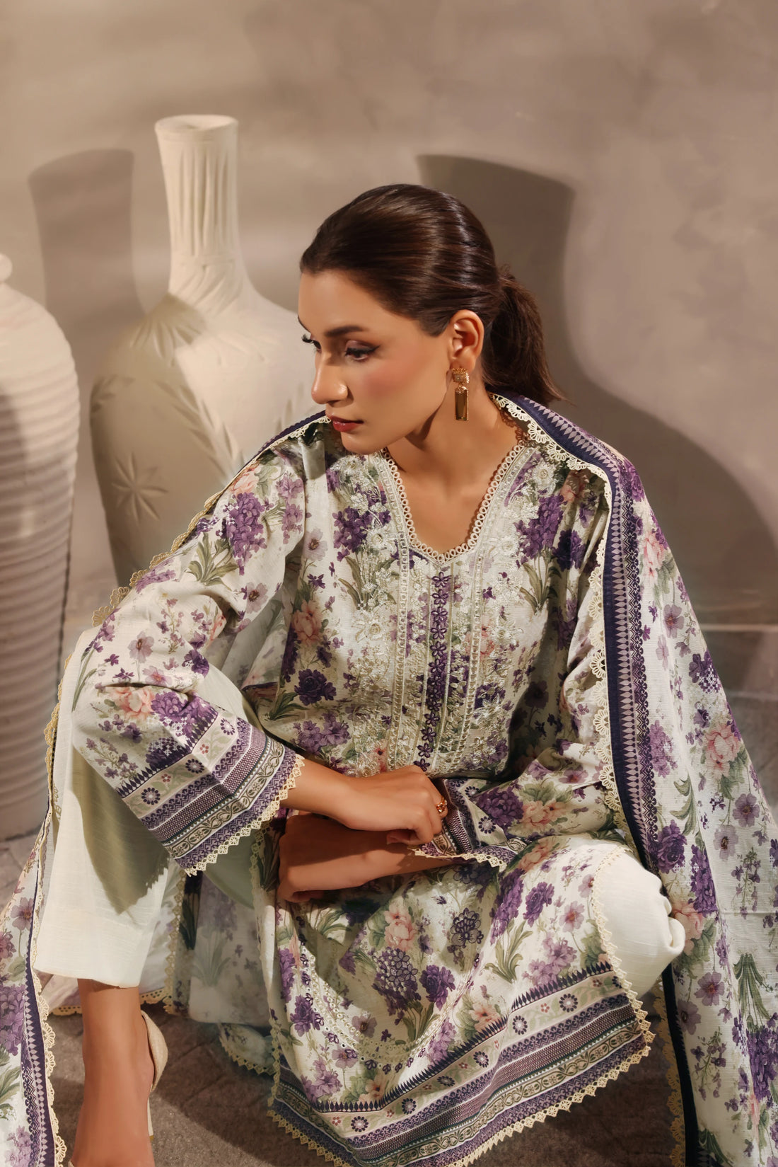Muse Safeda, Printed Khaddar Embroidered 3 Piece