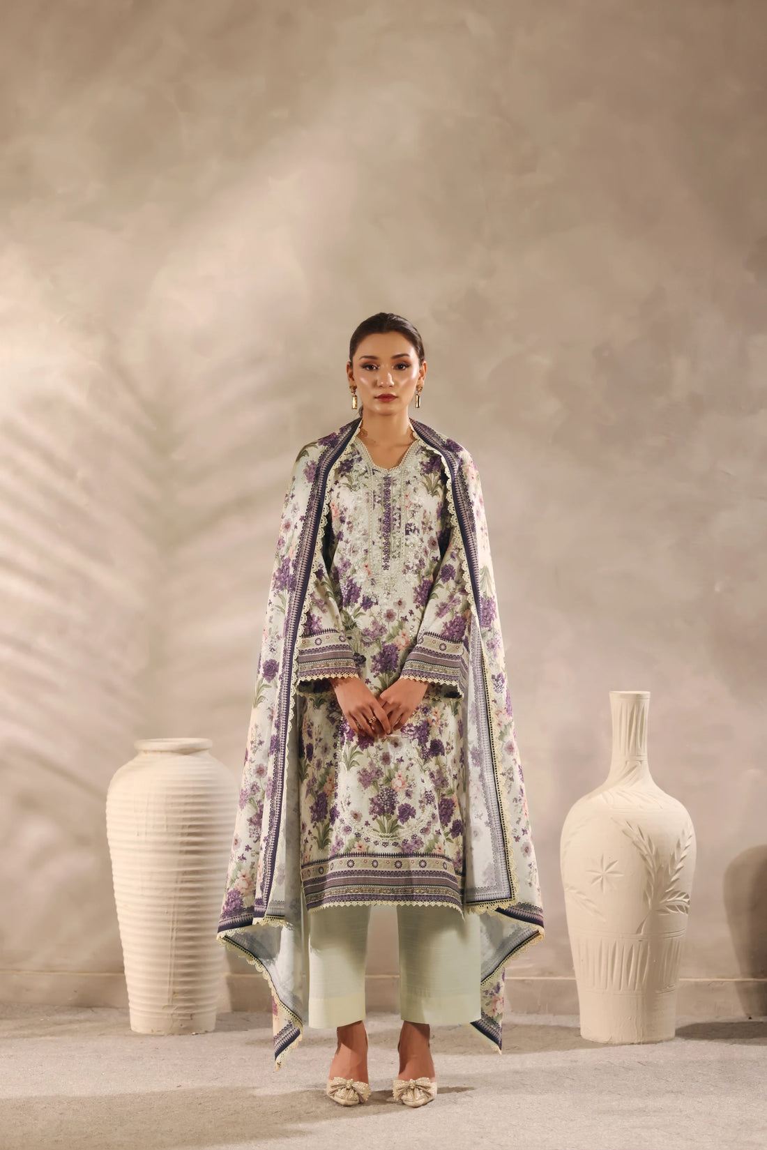 Muse Safeda, Printed Khaddar Embroidered 3 Piece