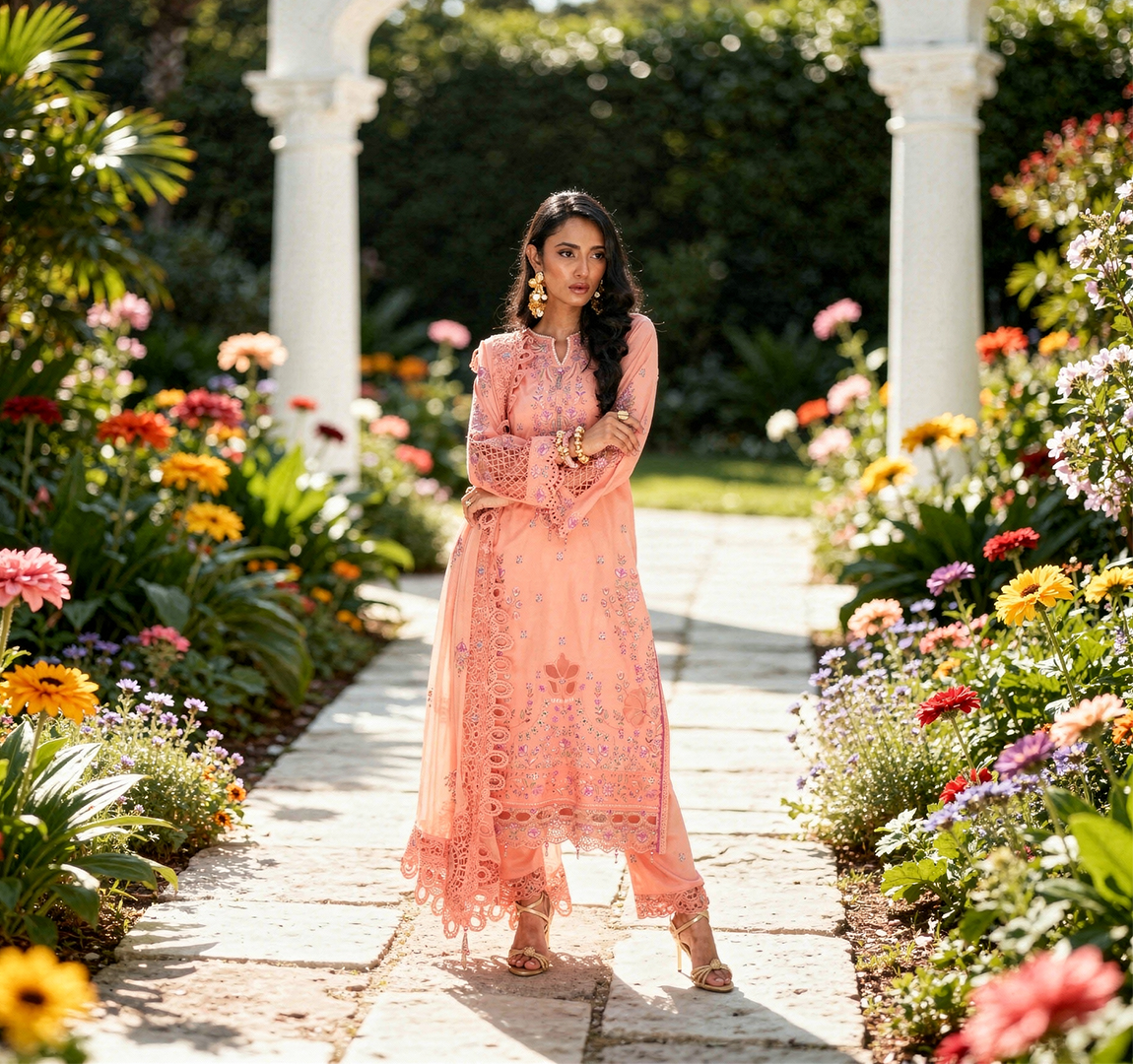 Lamhay Coral, Embroidered Lawn 3 Piece