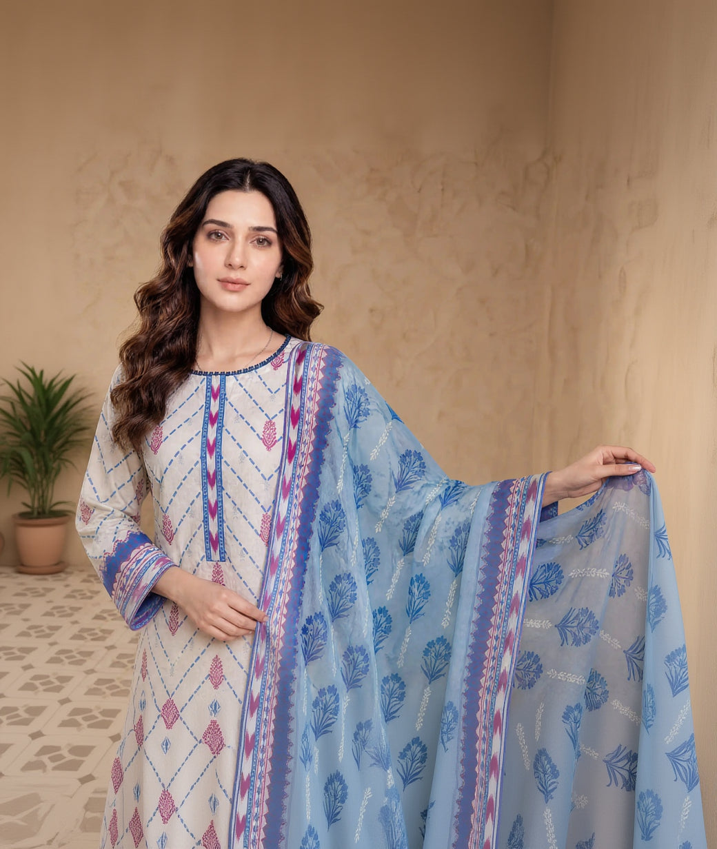 Every Day Ivory Chevron Printed Lawn Collection – 3 Piece