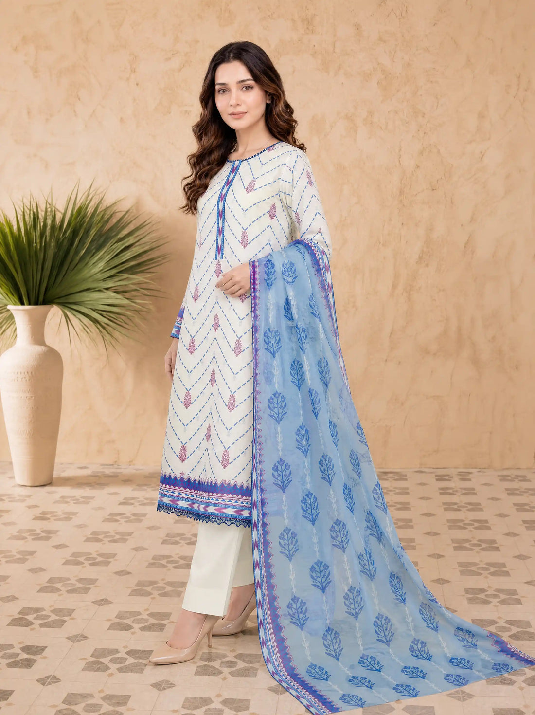 Every Day Ivory Chevron Printed Lawn Collection – 3 Piece
