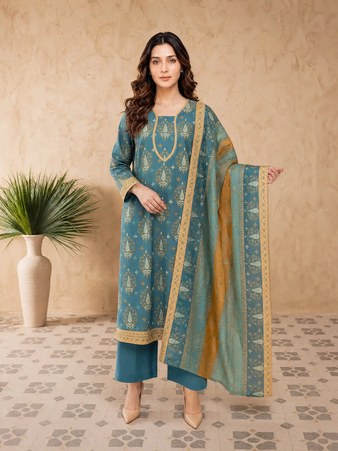 Every Day Teal & Ochre Printed Lawn Collection – 3 Piece