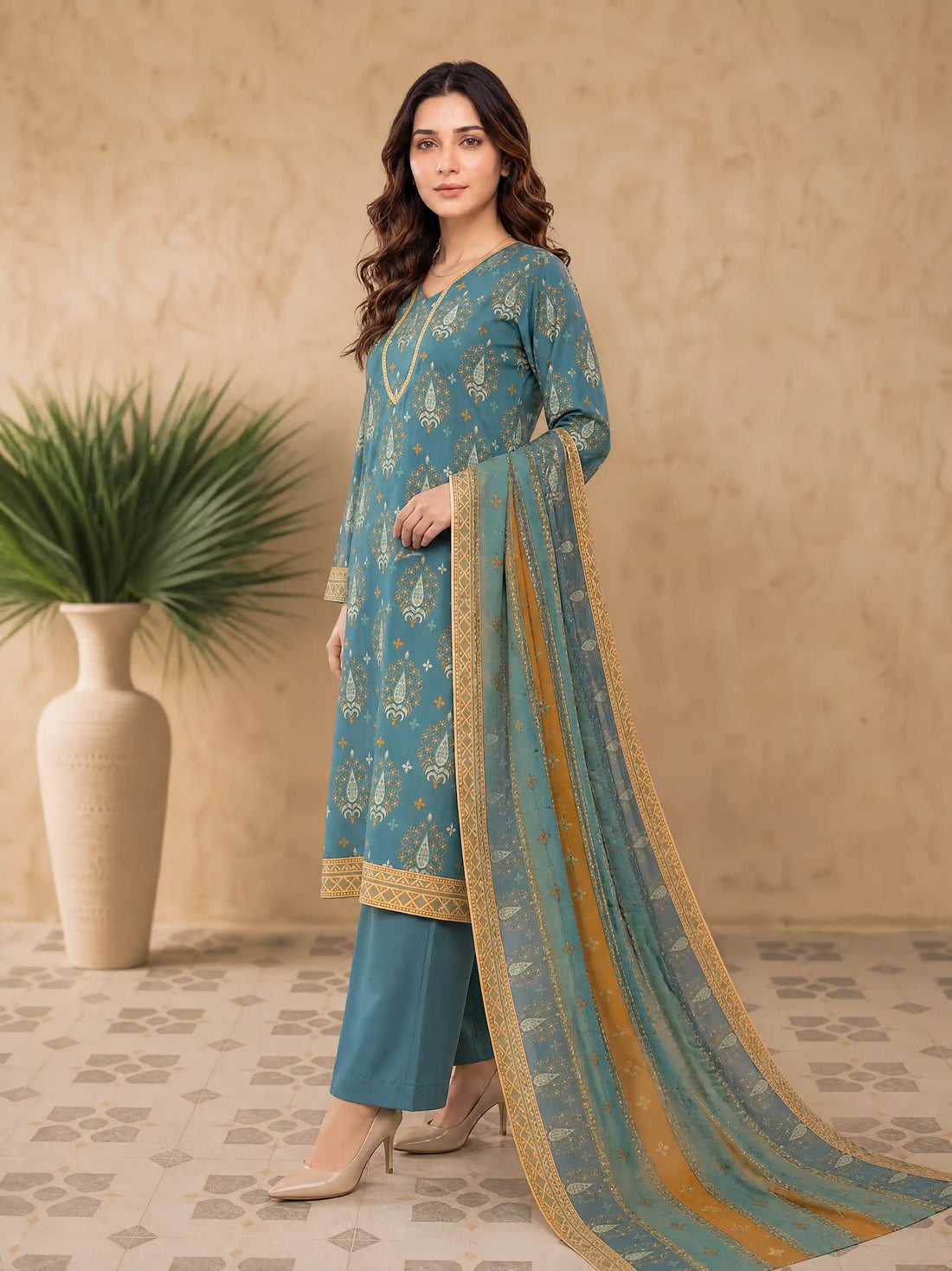 Every Day Teal & Ochre Printed Lawn Collection – 3 Piece