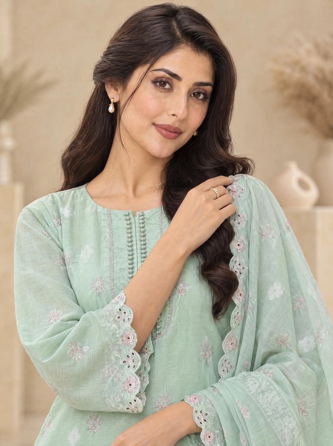 Sham Sabza, Cotton Silk Embroidered 3 Piece