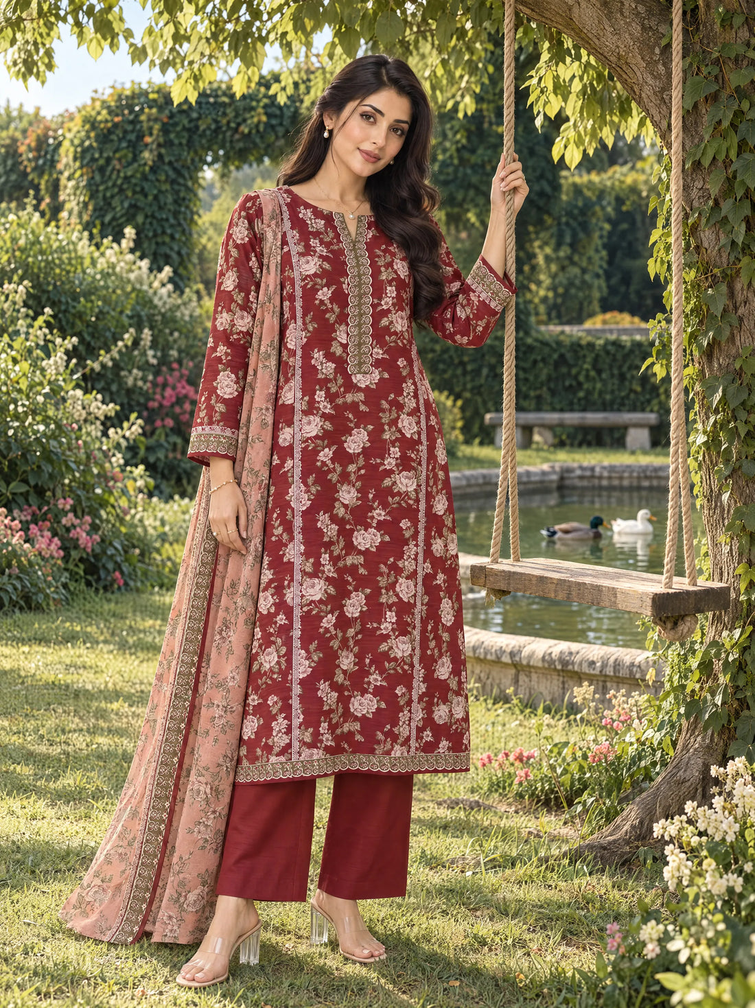 Mehrbano Wine, Printed Khaddar 3 Piece