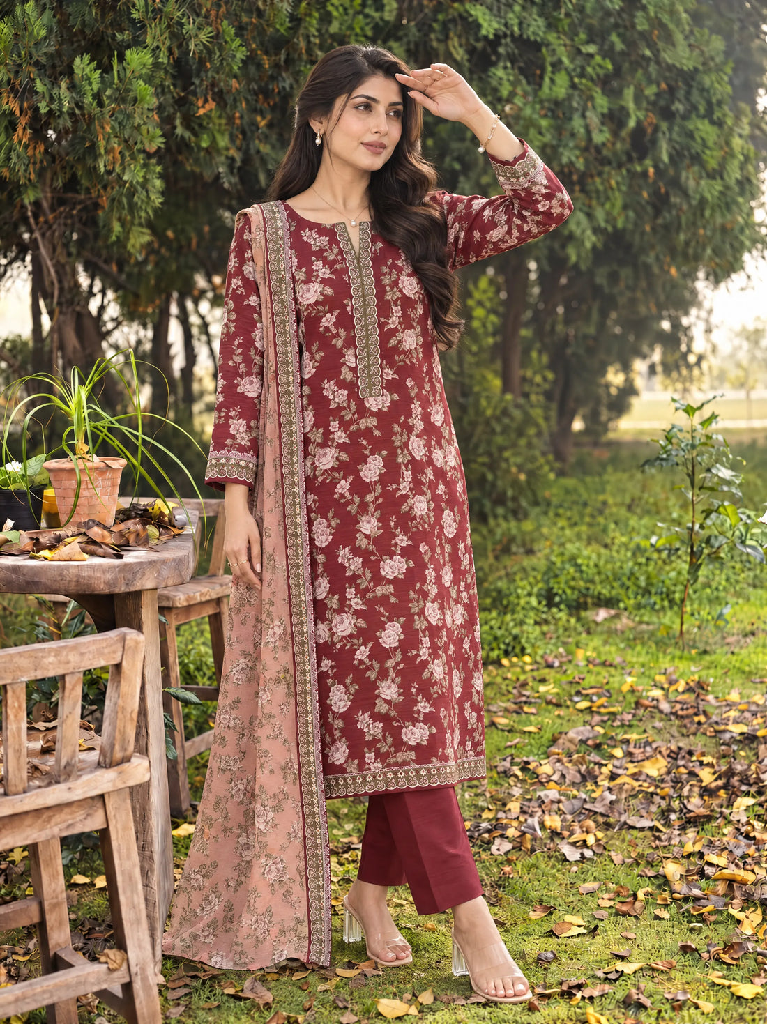Mehrbano Wine, Printed Khaddar 3 Piece