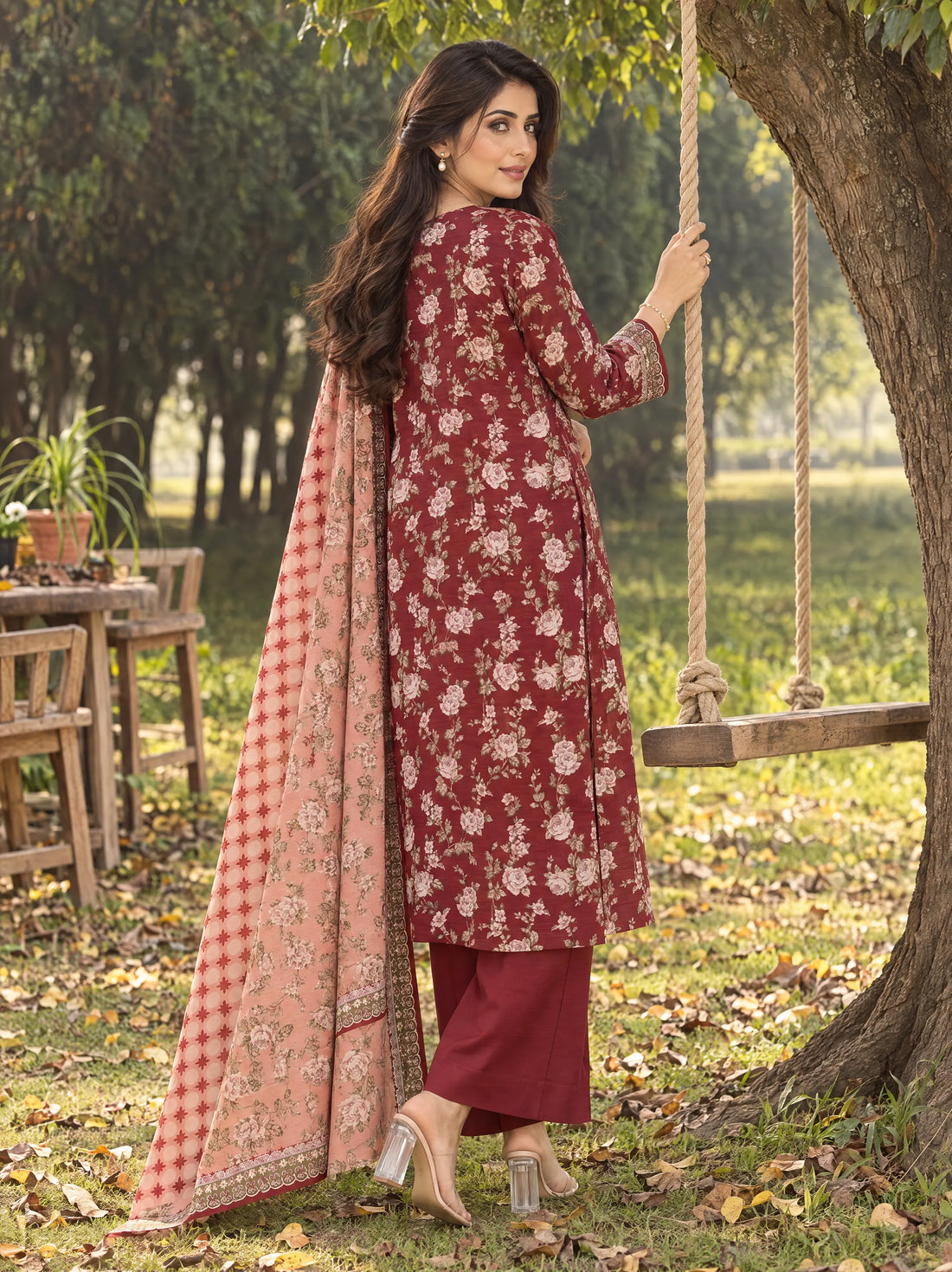Mehrbano Wine, Printed Khaddar 3 Piece