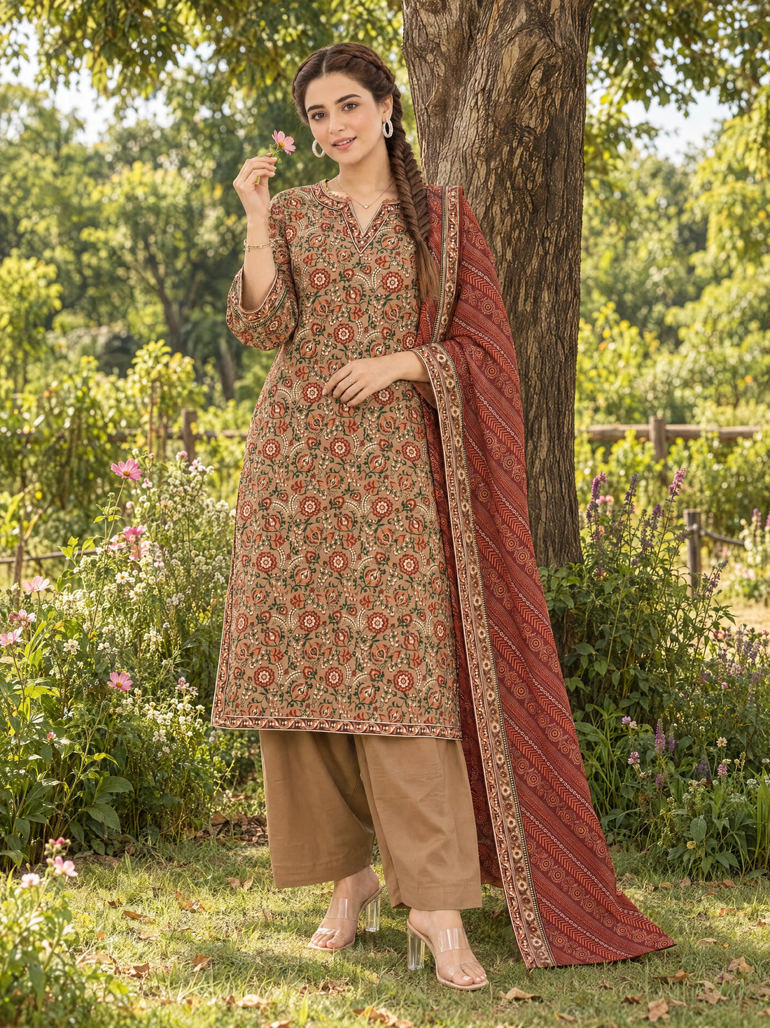 Sahar Camel, Printed Khaddar 3 Piece