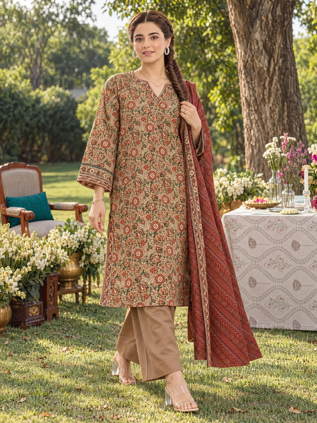 Sahar Camel, Printed Khaddar 3 Piece