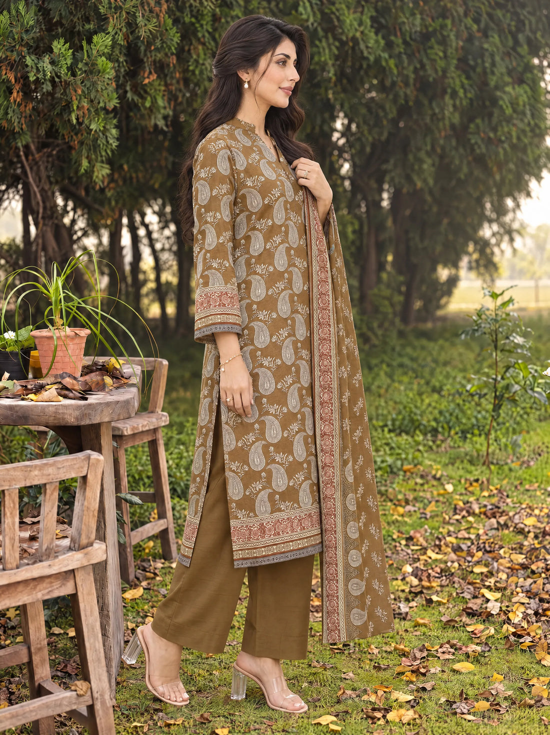 Sahar Olive, Printed Khaddar 3 Piece
