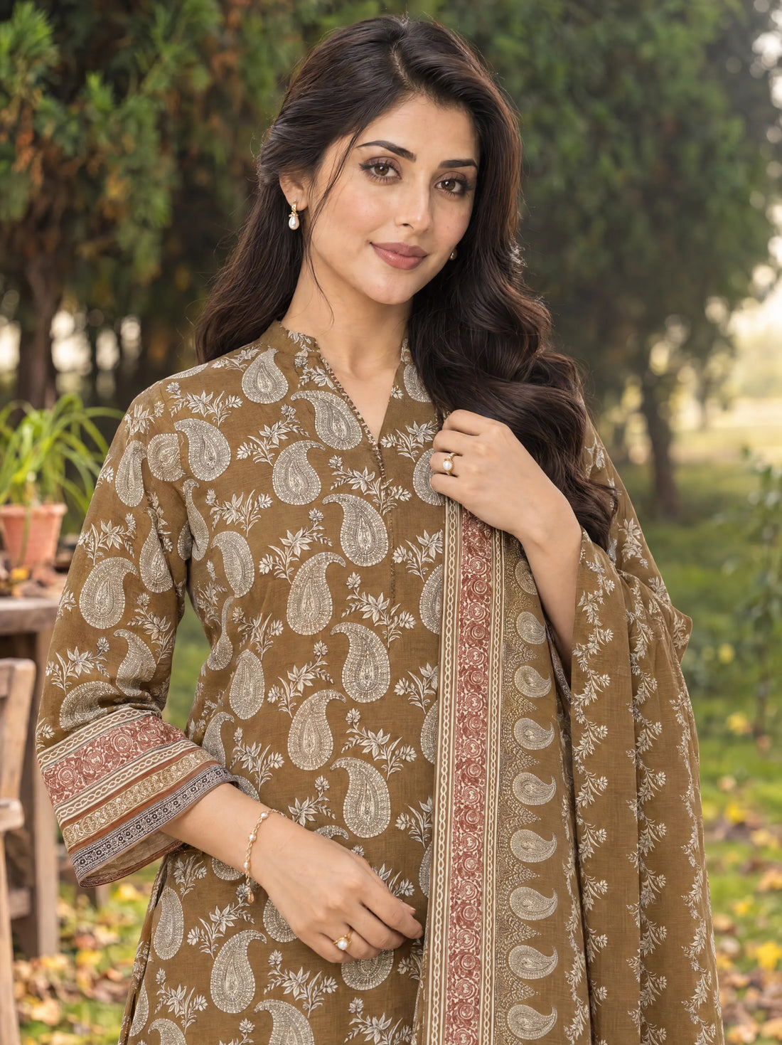 Sahar Olive, Printed Khaddar 3 Piece