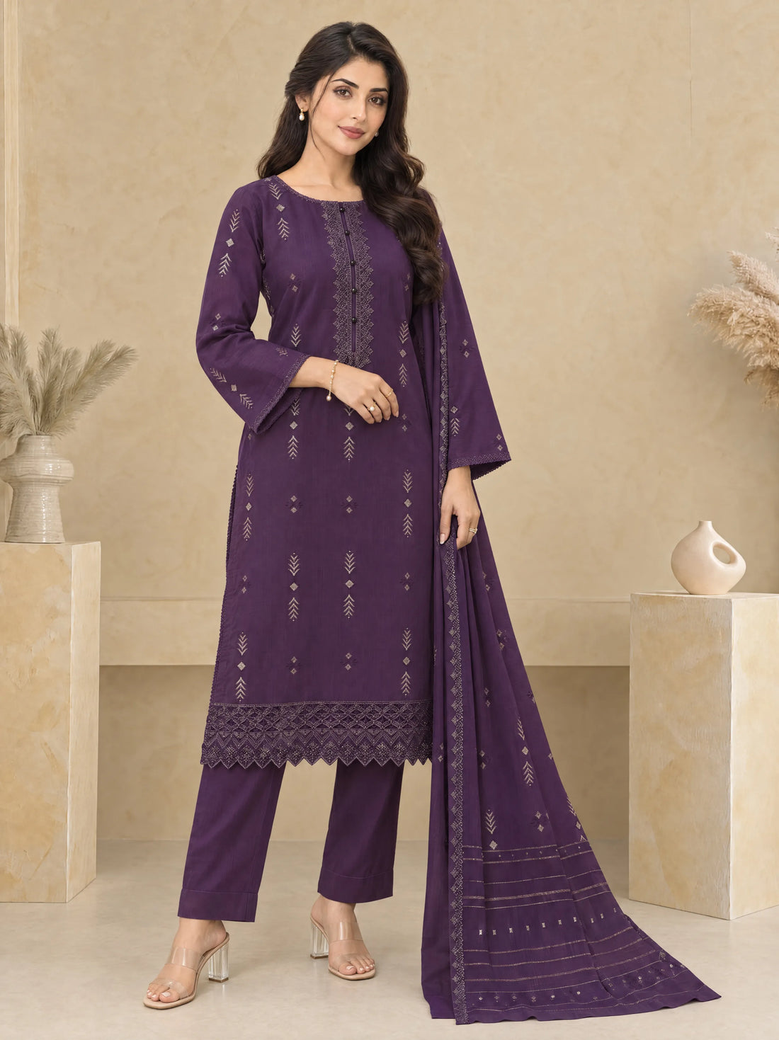 Sham Baingani, Cotton Silk Embroidered 3 Piece