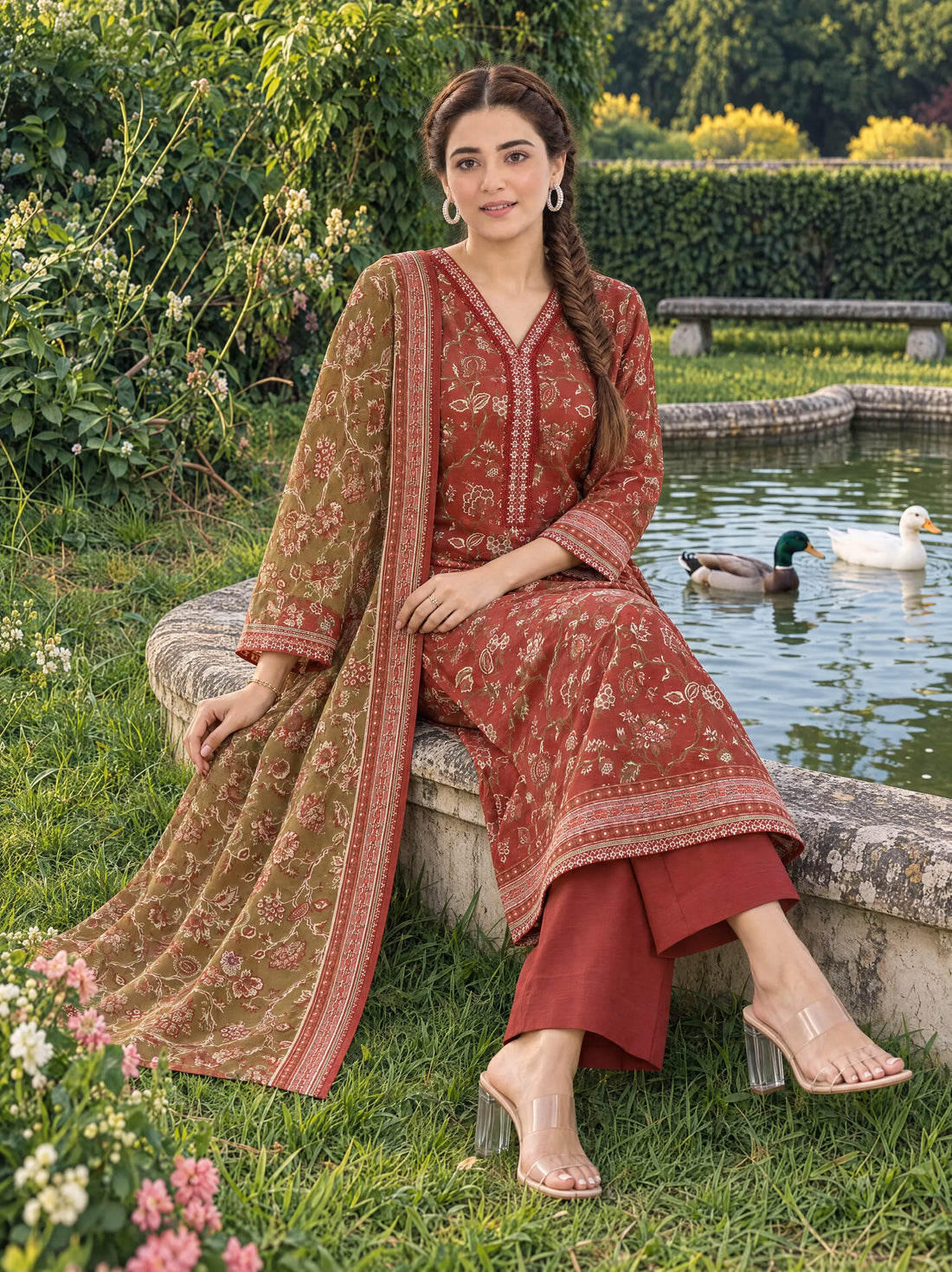 Gulrez Rust, Printed Khaddar 3 Piece