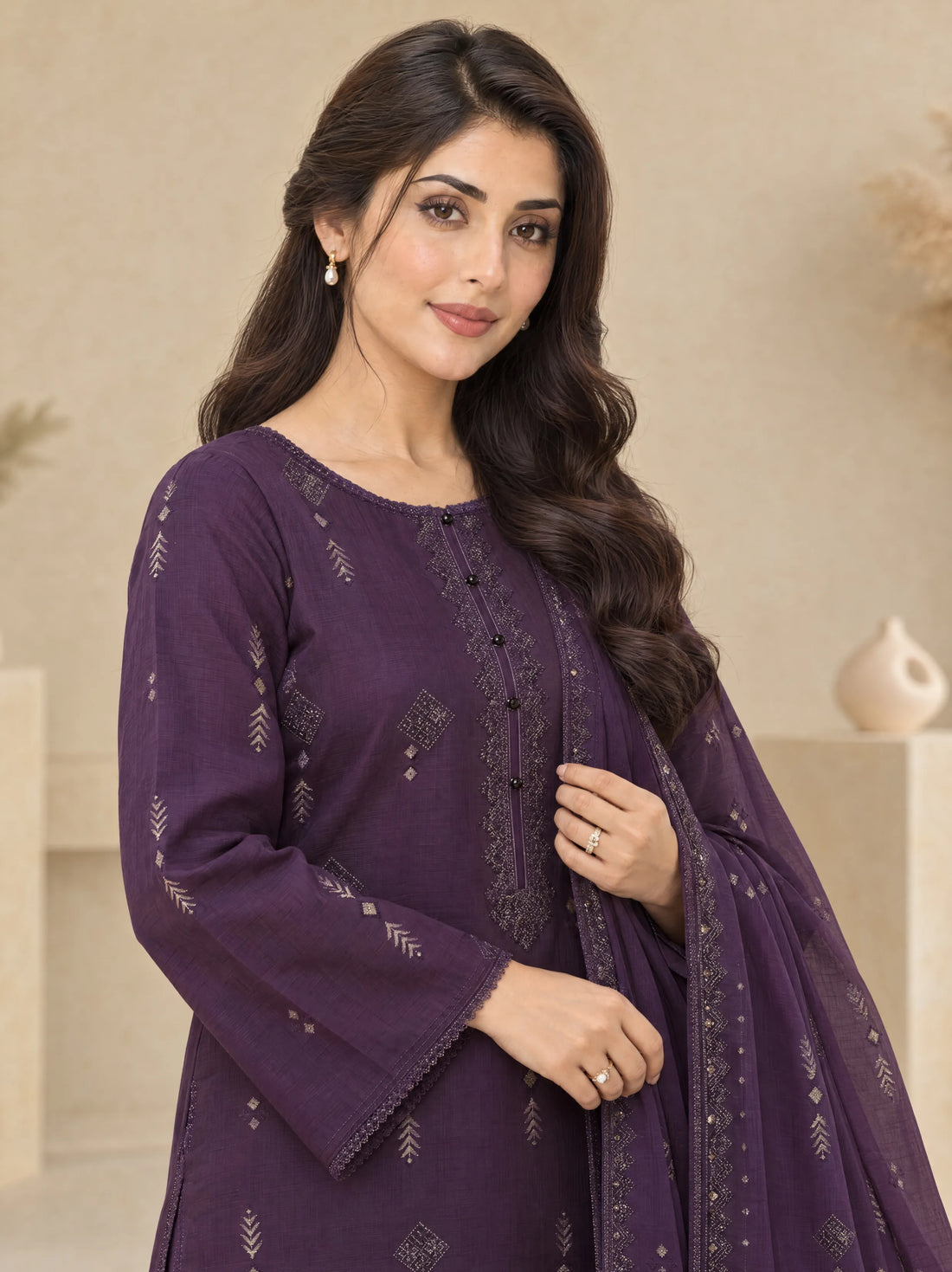 Sham Baingani, Cotton Silk Embroidered 3 Piece