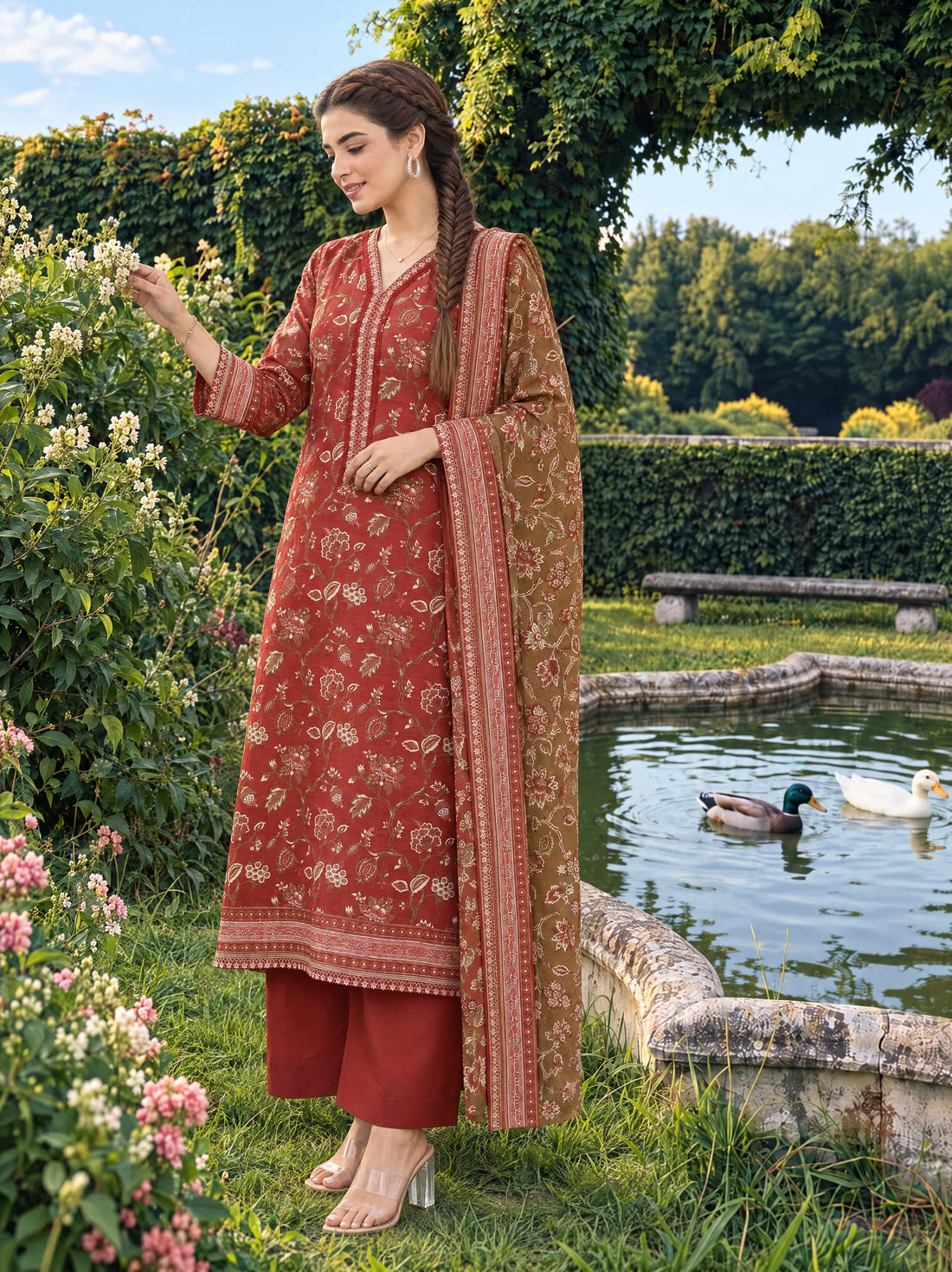 Gulrez Rust, Printed Khaddar 3 Piece