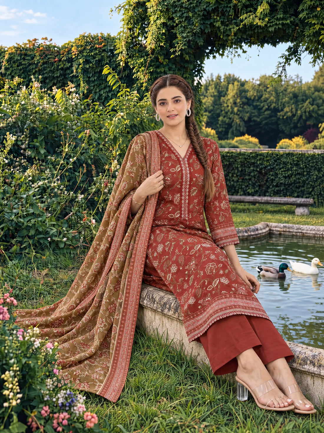 Gulrez Rust, Printed Khaddar 3 Piece