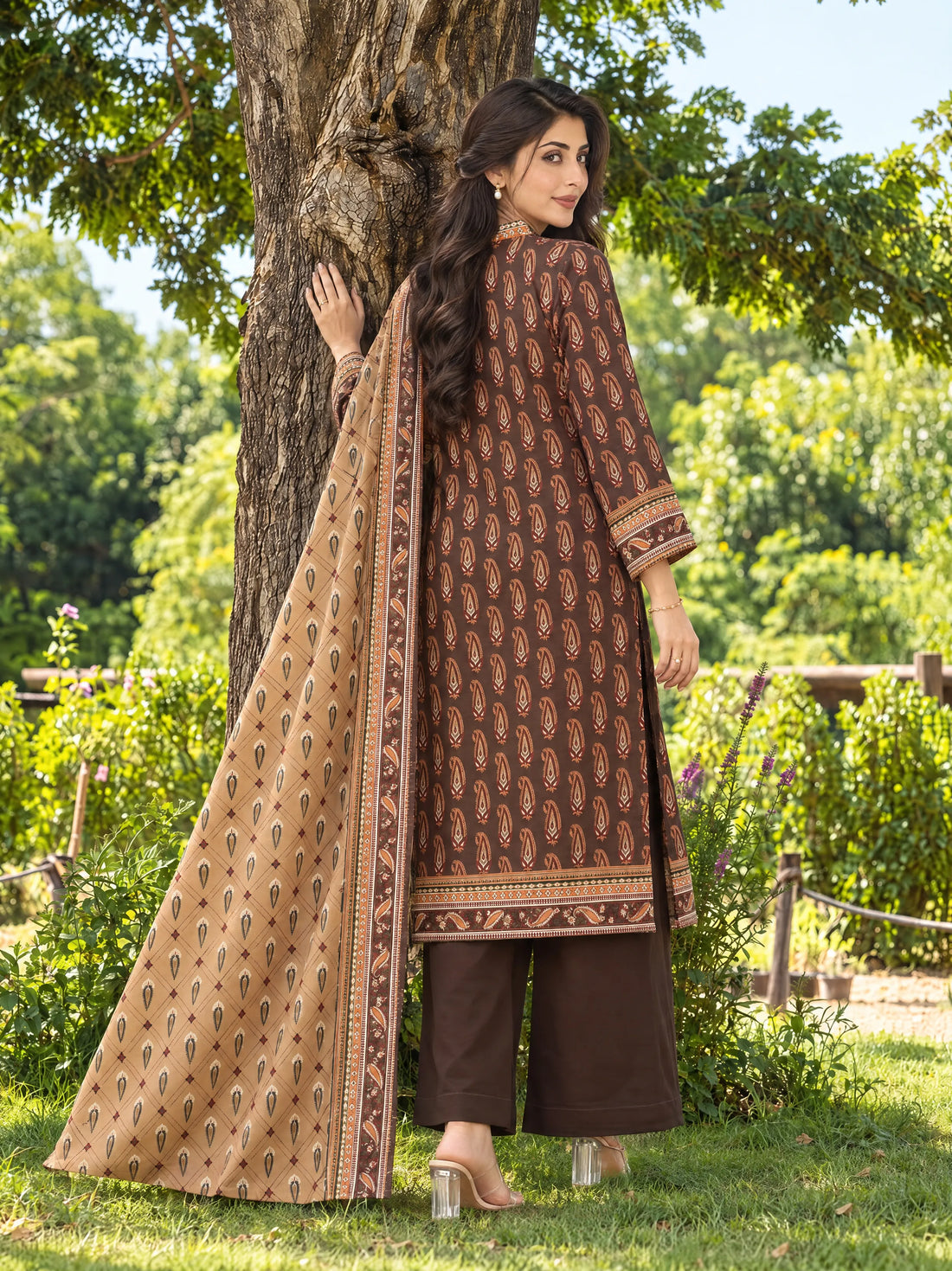 Kahva Brown, Printed Khaddar 3 Piece